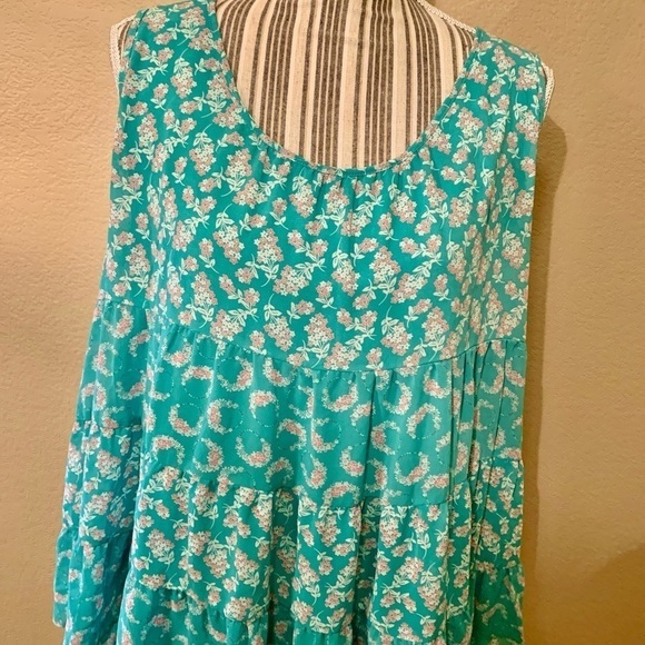 LC Lauren Conrad Tunic Top XL Seafoam Green Floral Pink Cream Ruffled Tiers - Picture 3 of 15